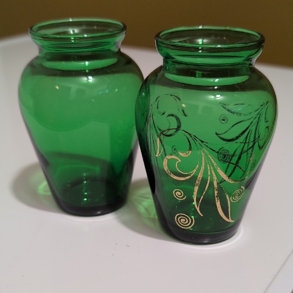 Vintage Emerald Vases with Gold Detailing